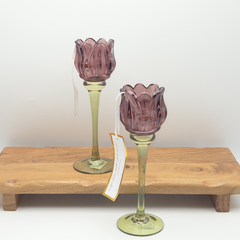 Cupcakes and Cashmere  Purple Glass Tulip Tea Light Candle Holder 8.7" Set of 2